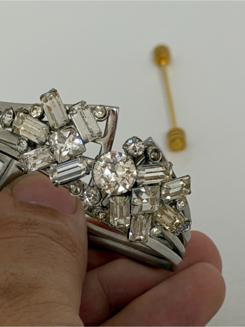 Crystal-Embellished Silver-Tone Women's Bracelet - Clear Mid Century Vintage